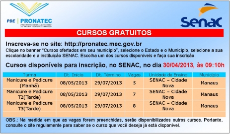 Senac Cidade Nova e oferece curso gratuito de Manicure e Pedicure através do Pronatec