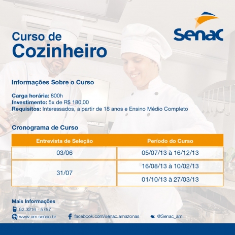 Senac Amazonas abre inscrições para curso de cozinheiro
