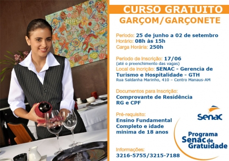 Senac Amazonas oferece 20 vagas para curso gratuito de garçom/garçonete