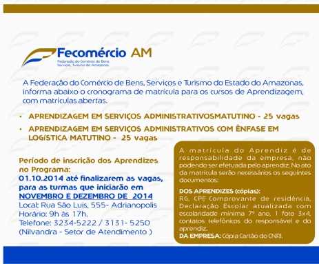 Fecomércio AM abre inscrições para o Programa Jovem Aprendiz